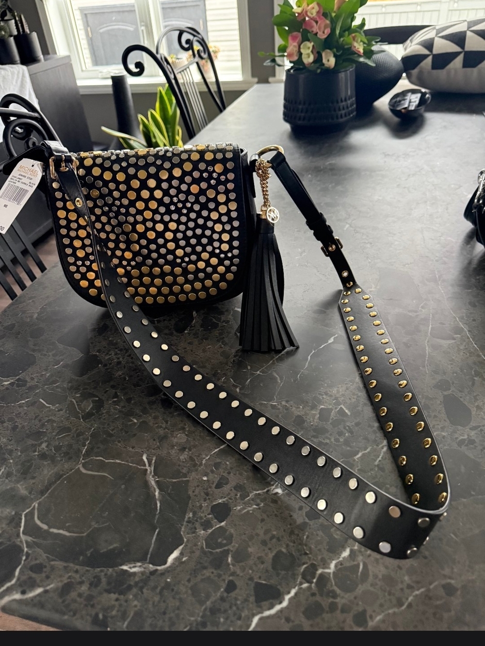 Michael Kors Brooklyn Medium Studded Leather Saddle Bag Black